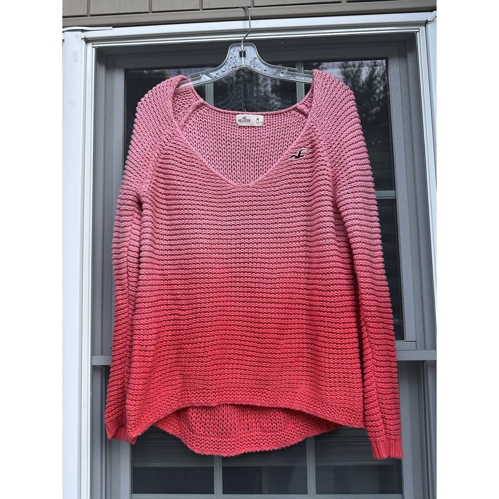 Hollister Women's Coral & Peach Ombré Chunky 100% Cotton Sweater Medium